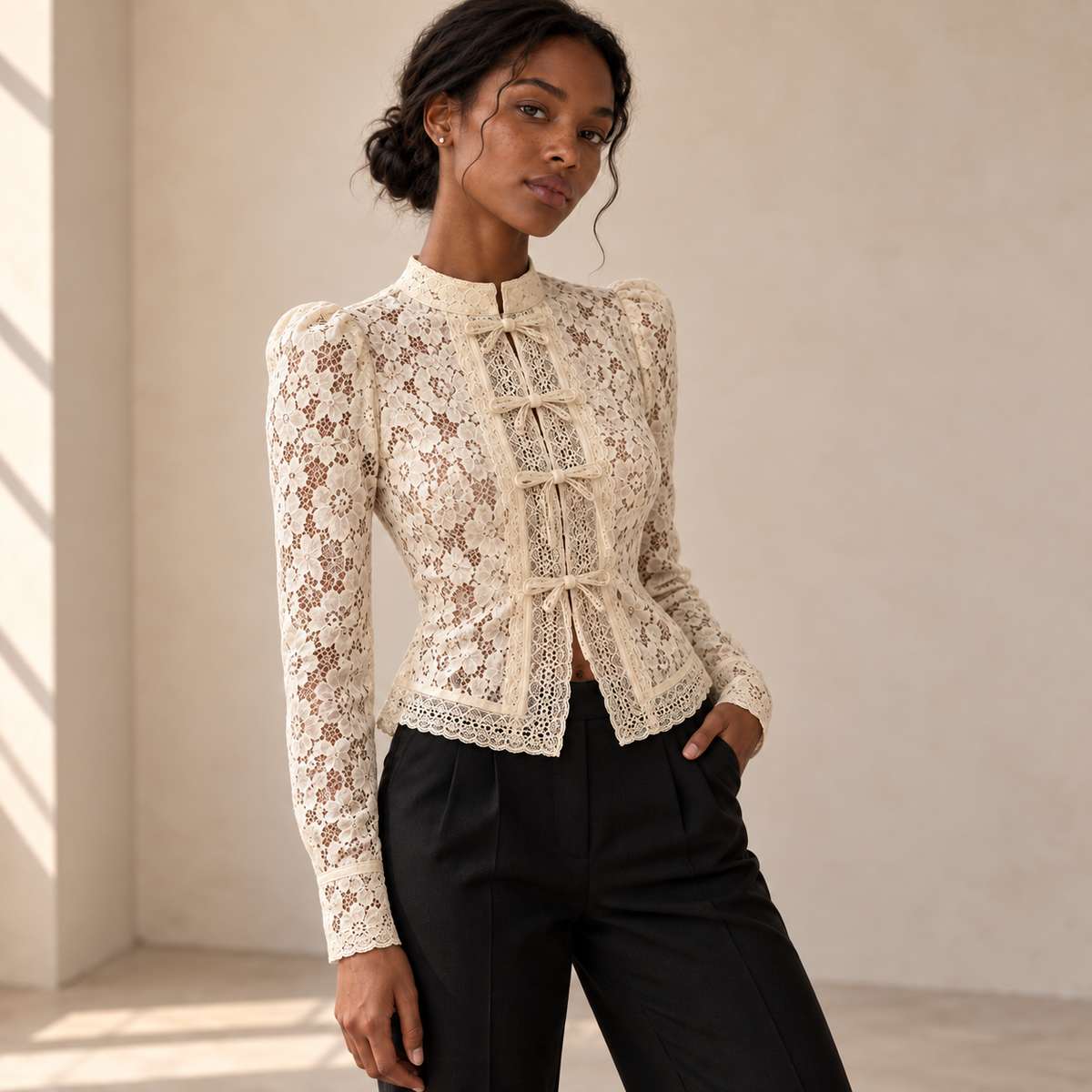 Blusa Élodie, Manga larga, Crema, vista frontal