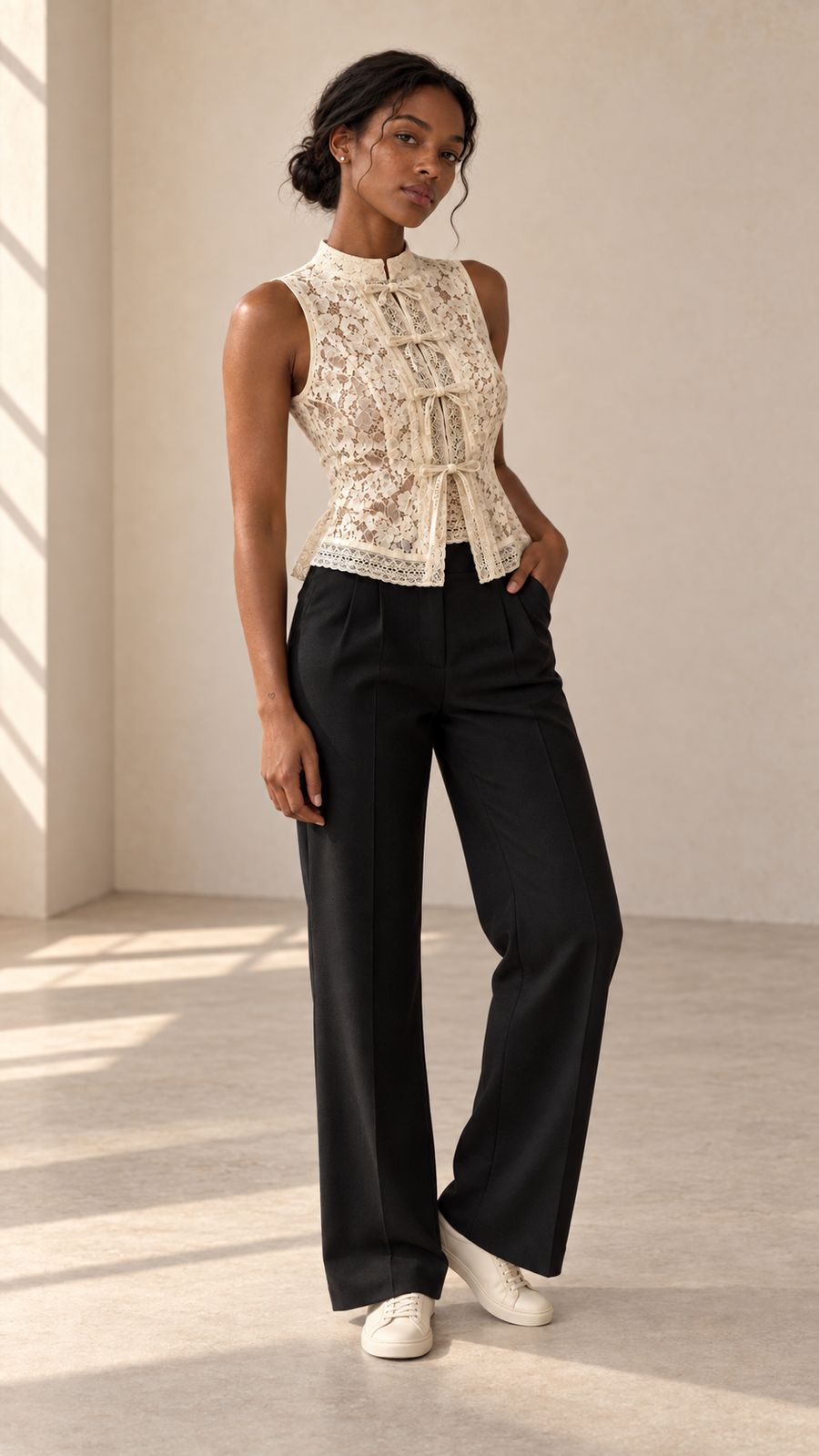 Blusa Élodie, Sin mangas, Crema, con modelo de cuerpo entero